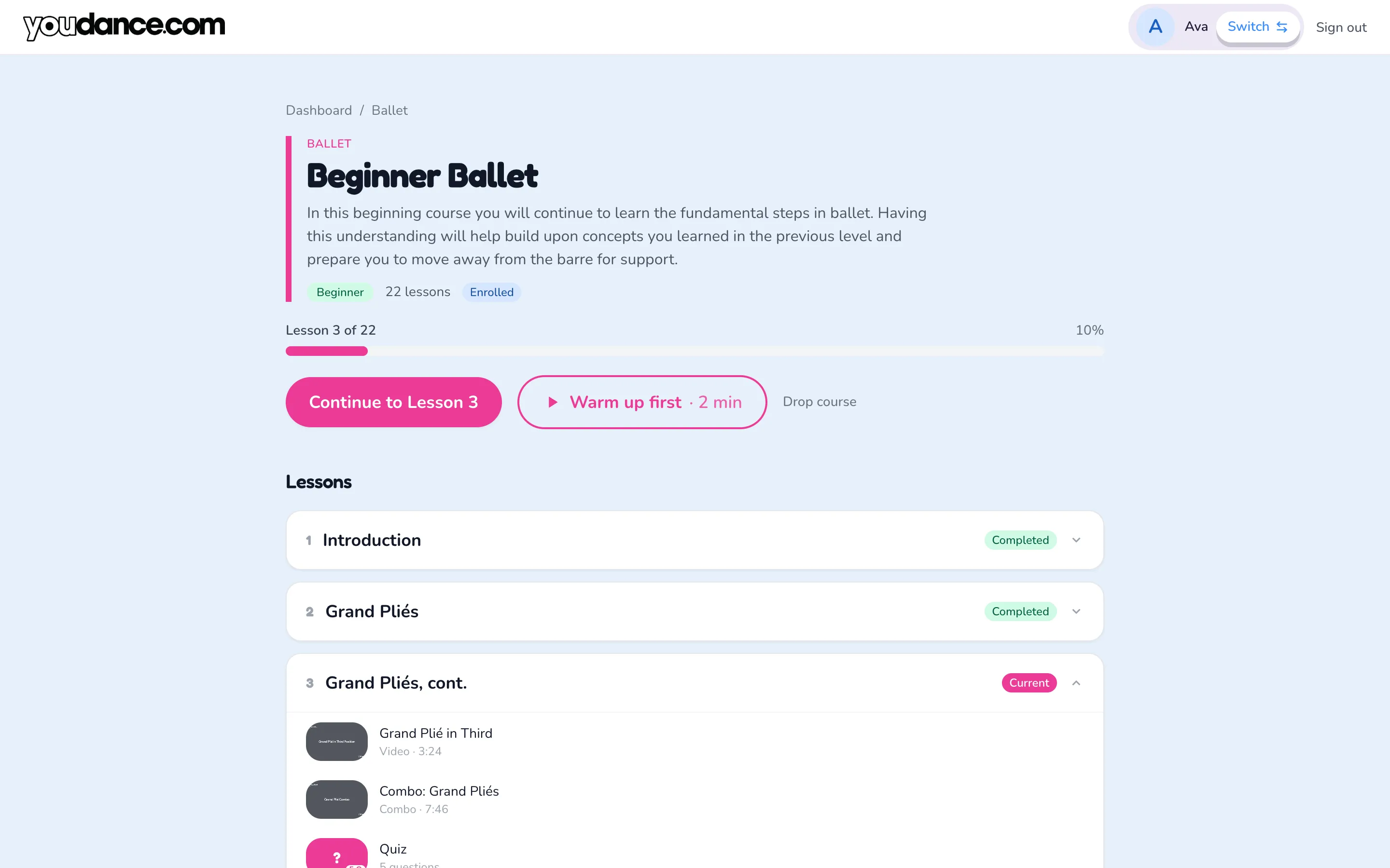 A YouDance course page showing lesson progression with completed lessons and quizzes