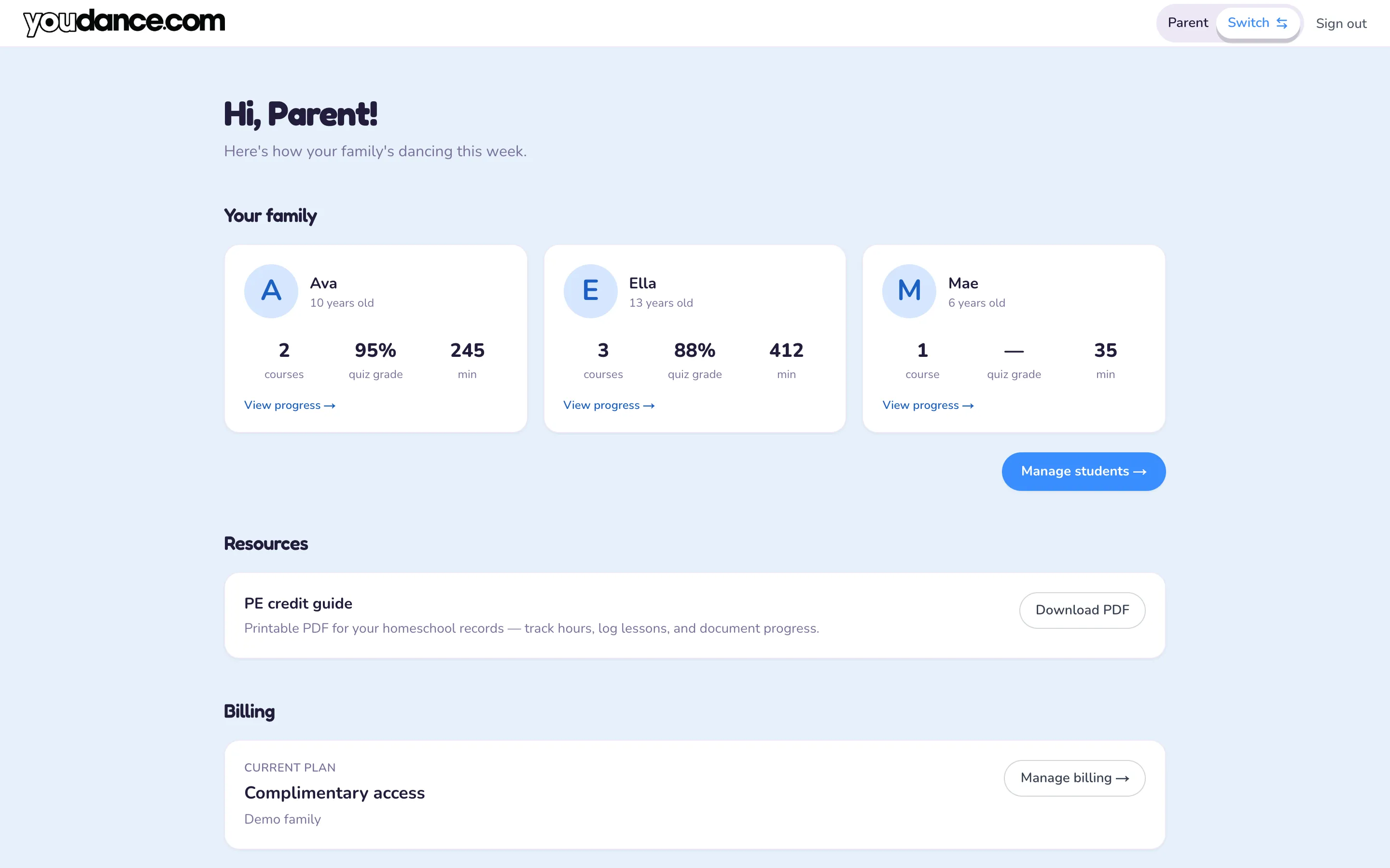 The YouDance parent dashboard with progress and record-keeping tools